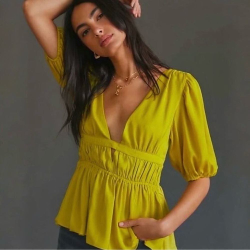 Dolan Green Puff Sleeve Smocked Peplum Blouse